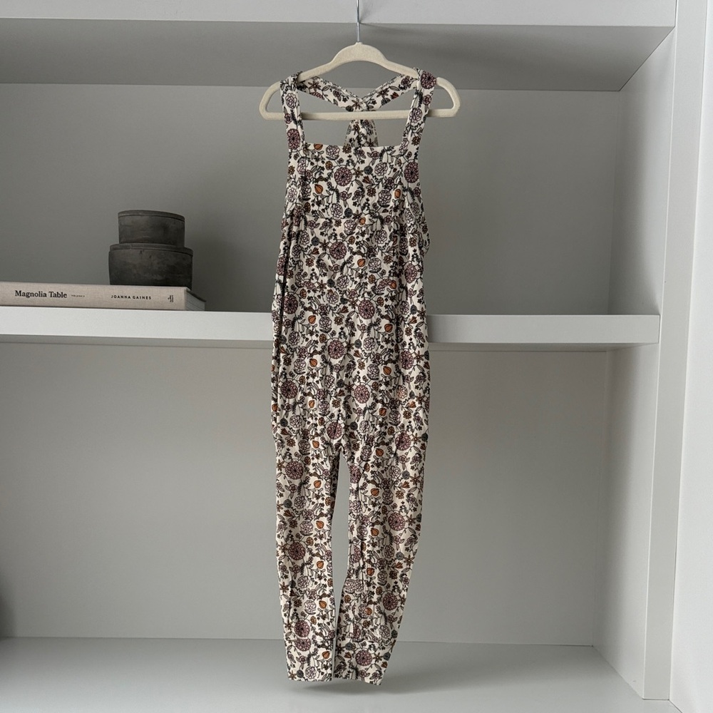 Kids Floral Print Overalls in Cream and Brown